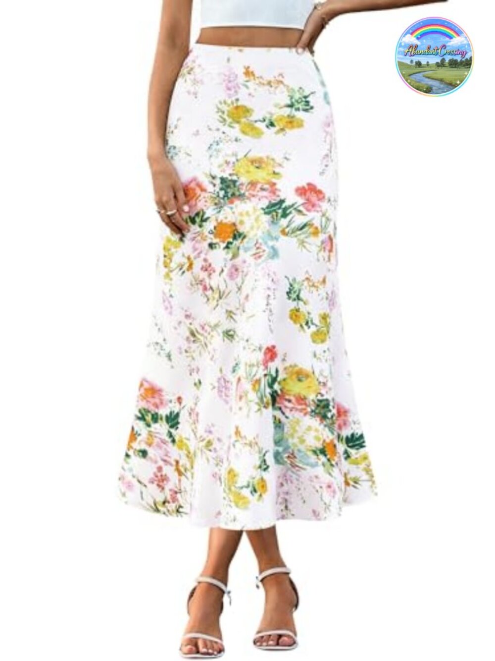 Satin Midi Skirt High Waisted A-Line Elastic Waist Floral Leopard Print